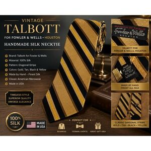 Talbott for Fowler & Wells Houston Vintage Silk Tie Gold Black Striped Handmade